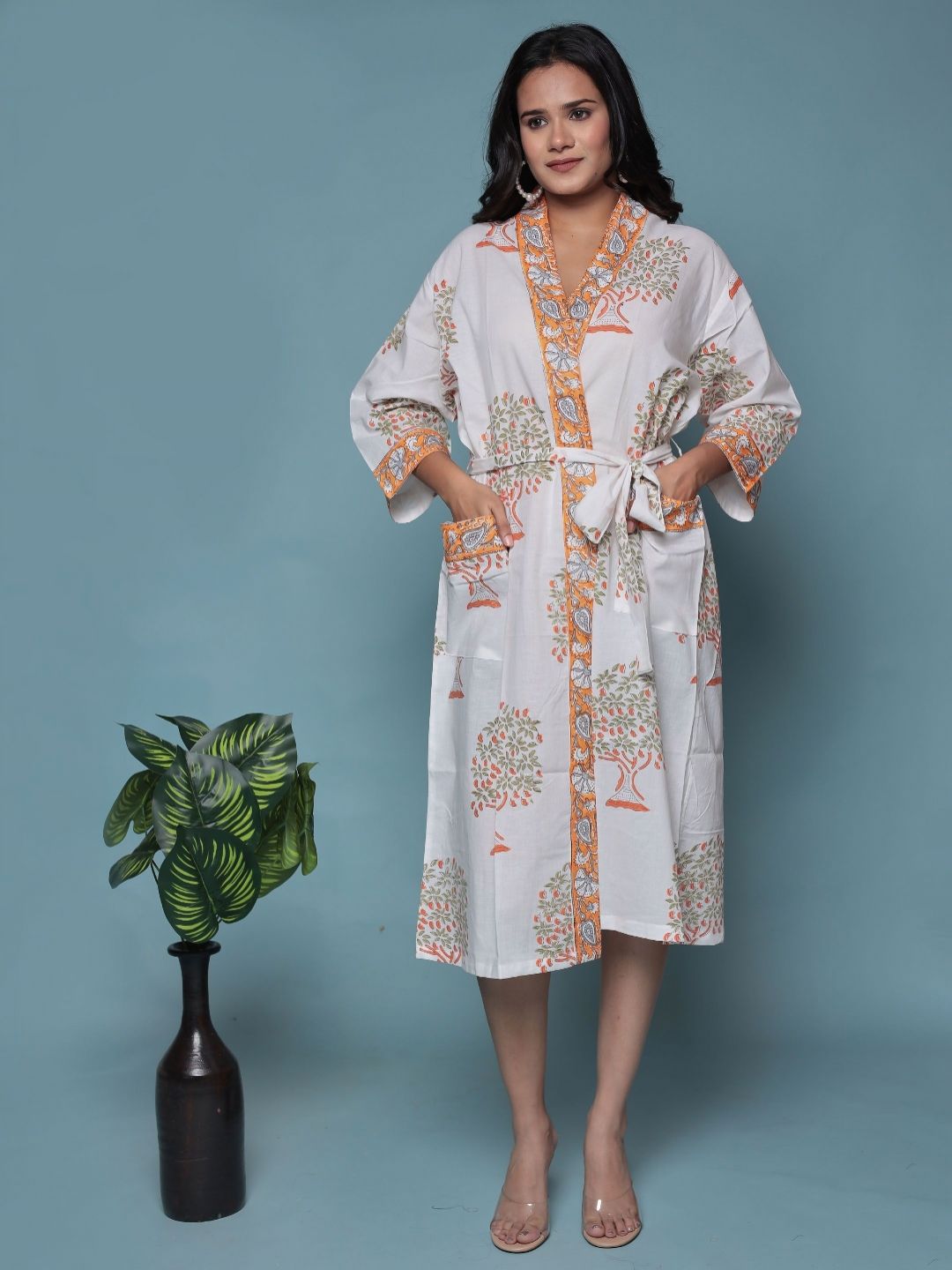 Bohekant Women White & Orange Colored Printed Pure Cotton BathRobe