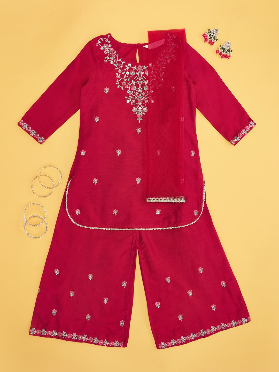 AKKRITI BY PANTALOONS Girls Embroidered Kurta with Palazzos & With Dupatta