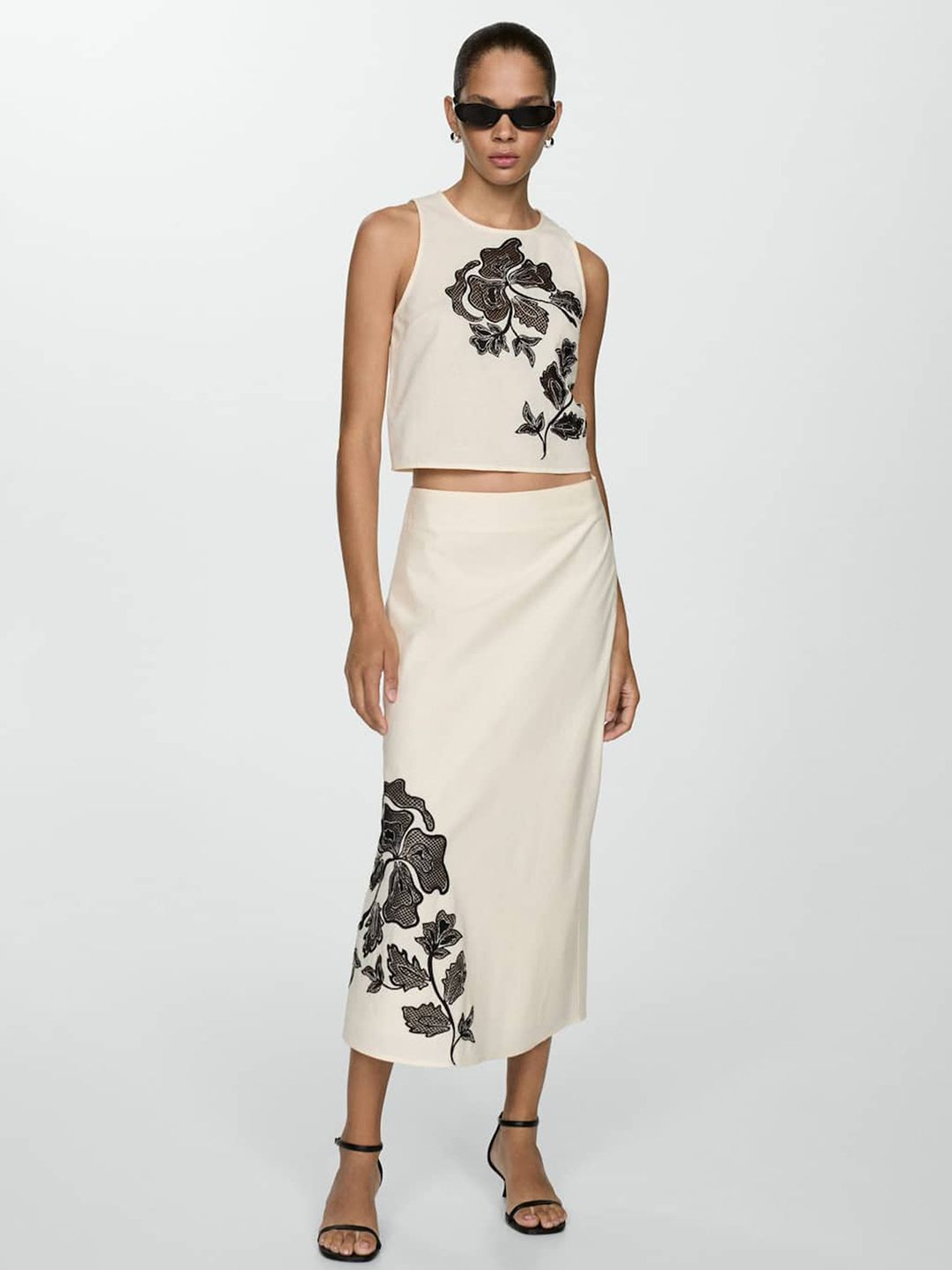 Embroidered Cotton Linen A-Line Midi Skirt