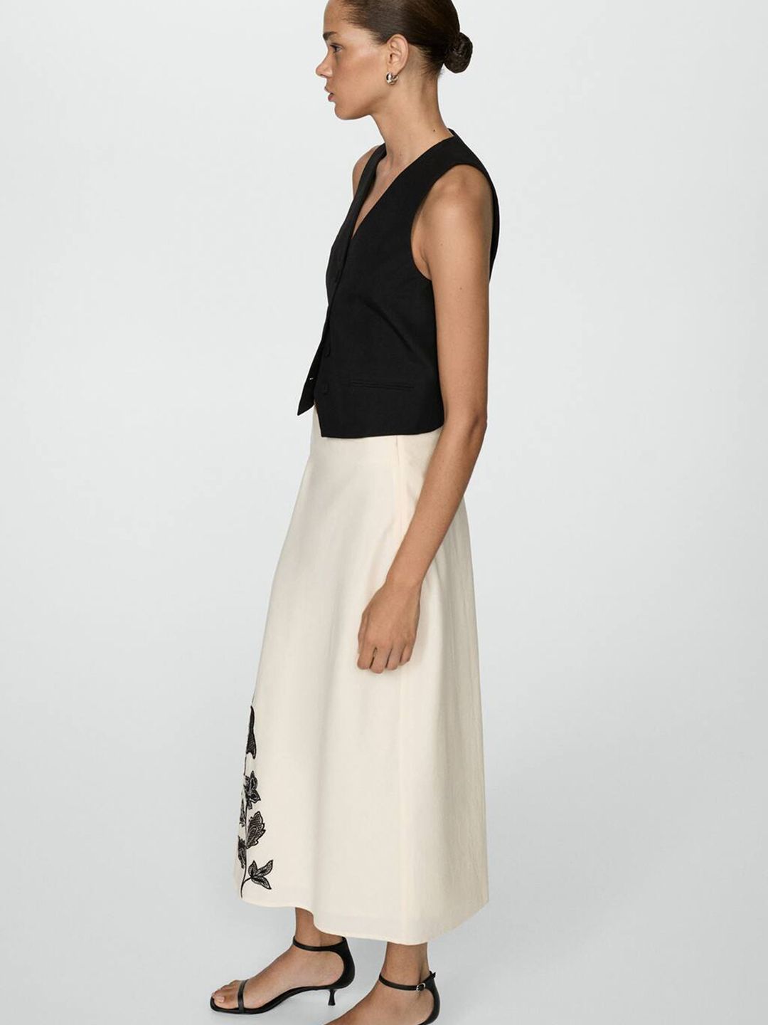 Embroidered Cotton Linen A-Line Midi Skirt