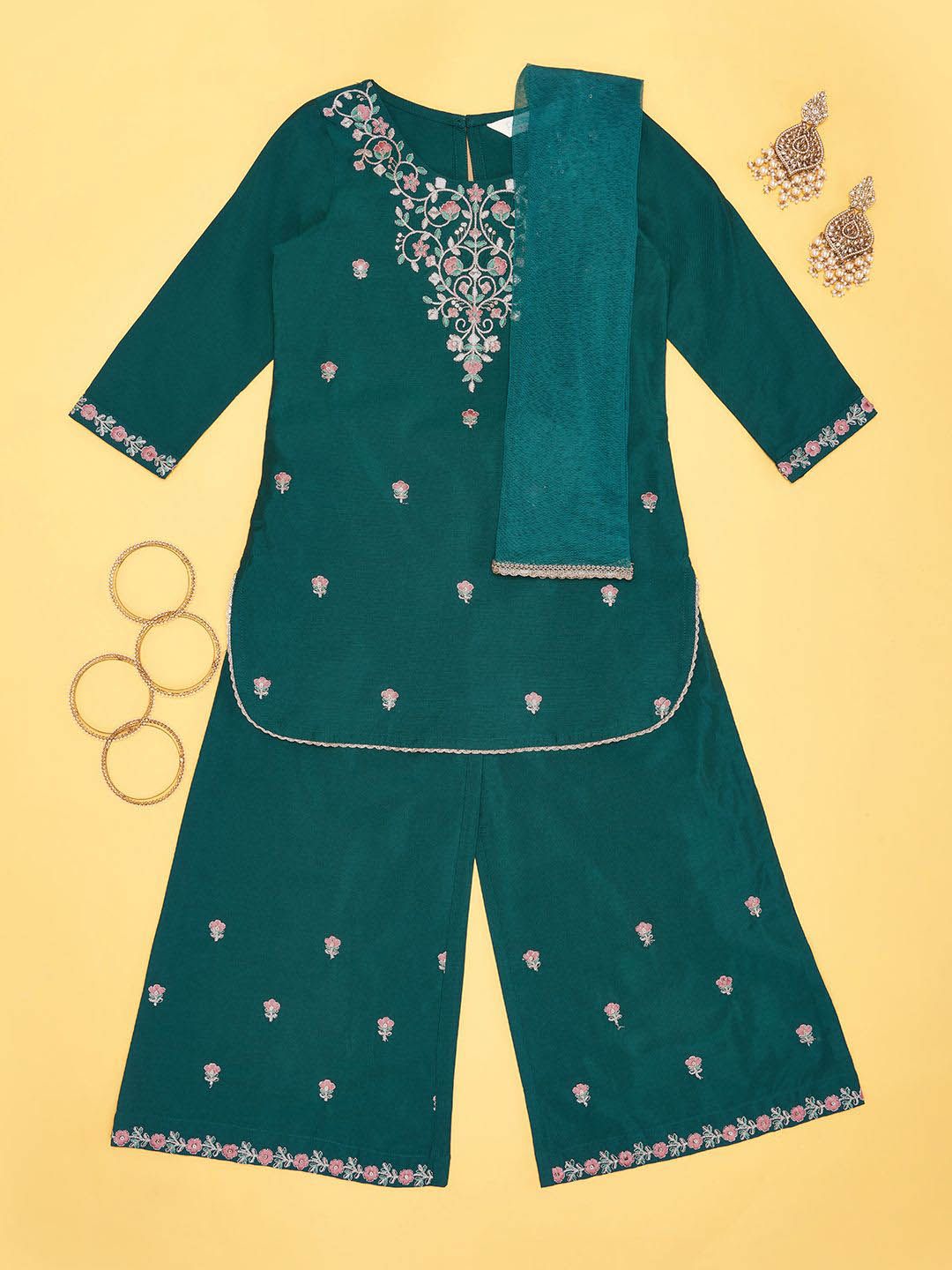 AKKRITI BY PANTALOONS Girls Embroidered Kurta with Palazzos & With Dupatta