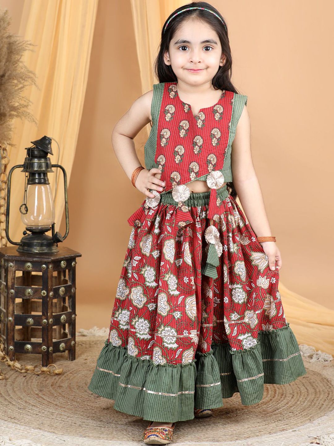 Here&Now X Kinder Kids Girls Printed Ready to Wear Lehenga &