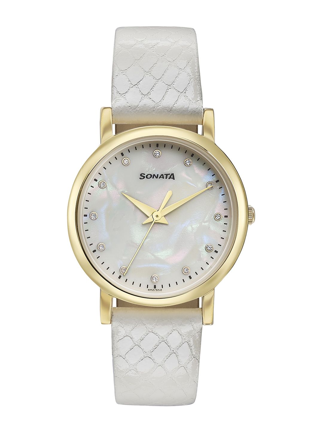 Sonata Glam Gold Quartz Analog White Mother Of Pearl Dial Watch For Women - 87063yl02w