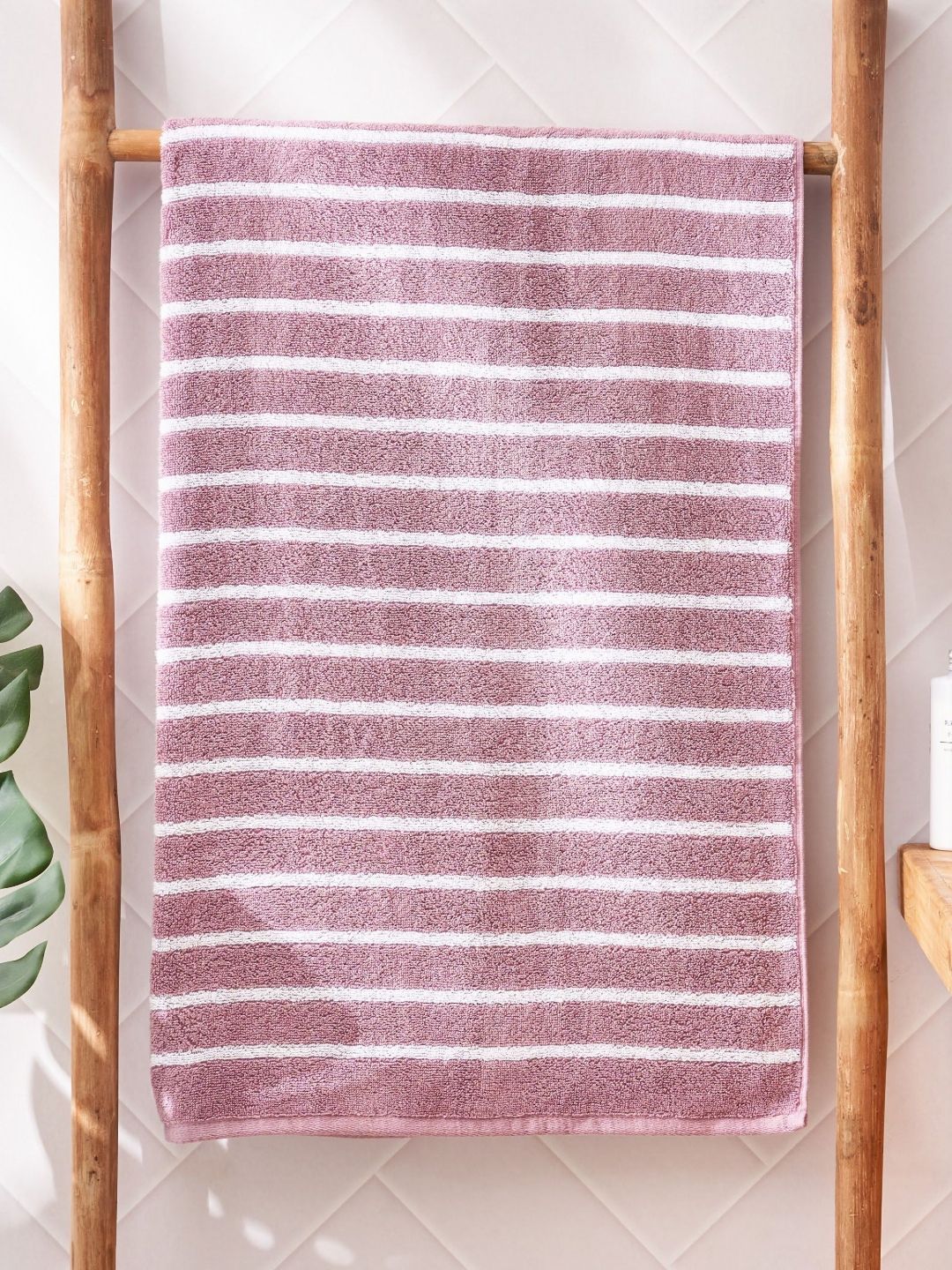 Home Centre Purple & White Striped Cotton 120 GSM Bath Towel