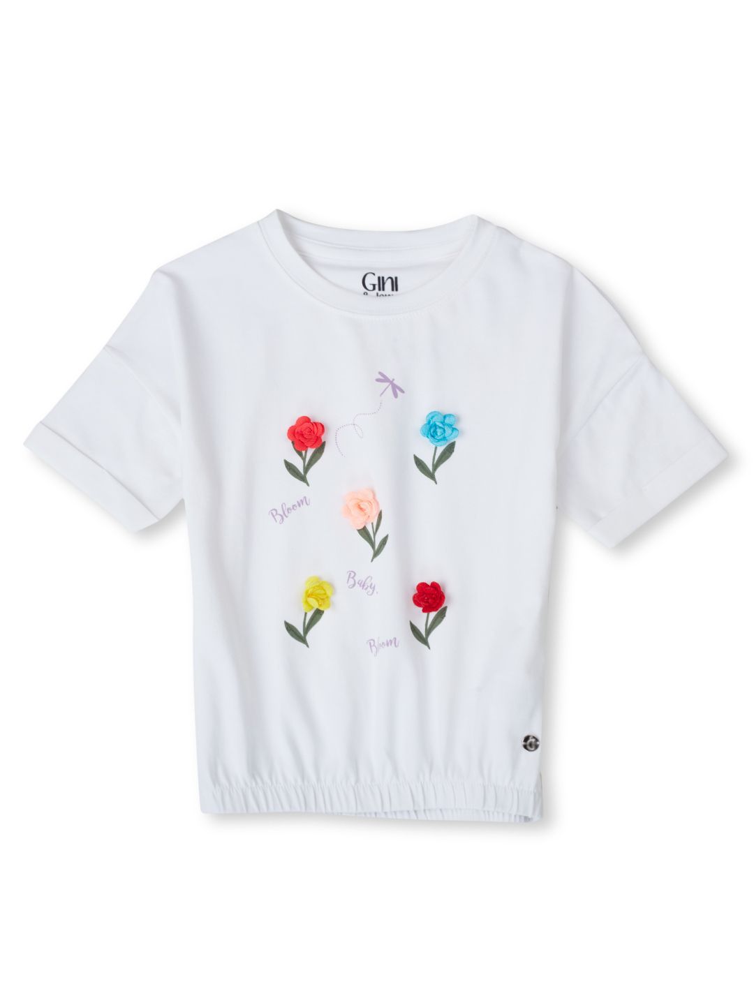 Gini and Jony Girls Floral Printed Applique Round Neck Cotton T-Shirt