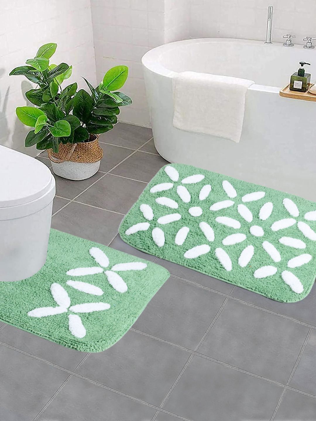 Saral Home Green & White 2 Pieces Printed Anti Skid Bath Mats