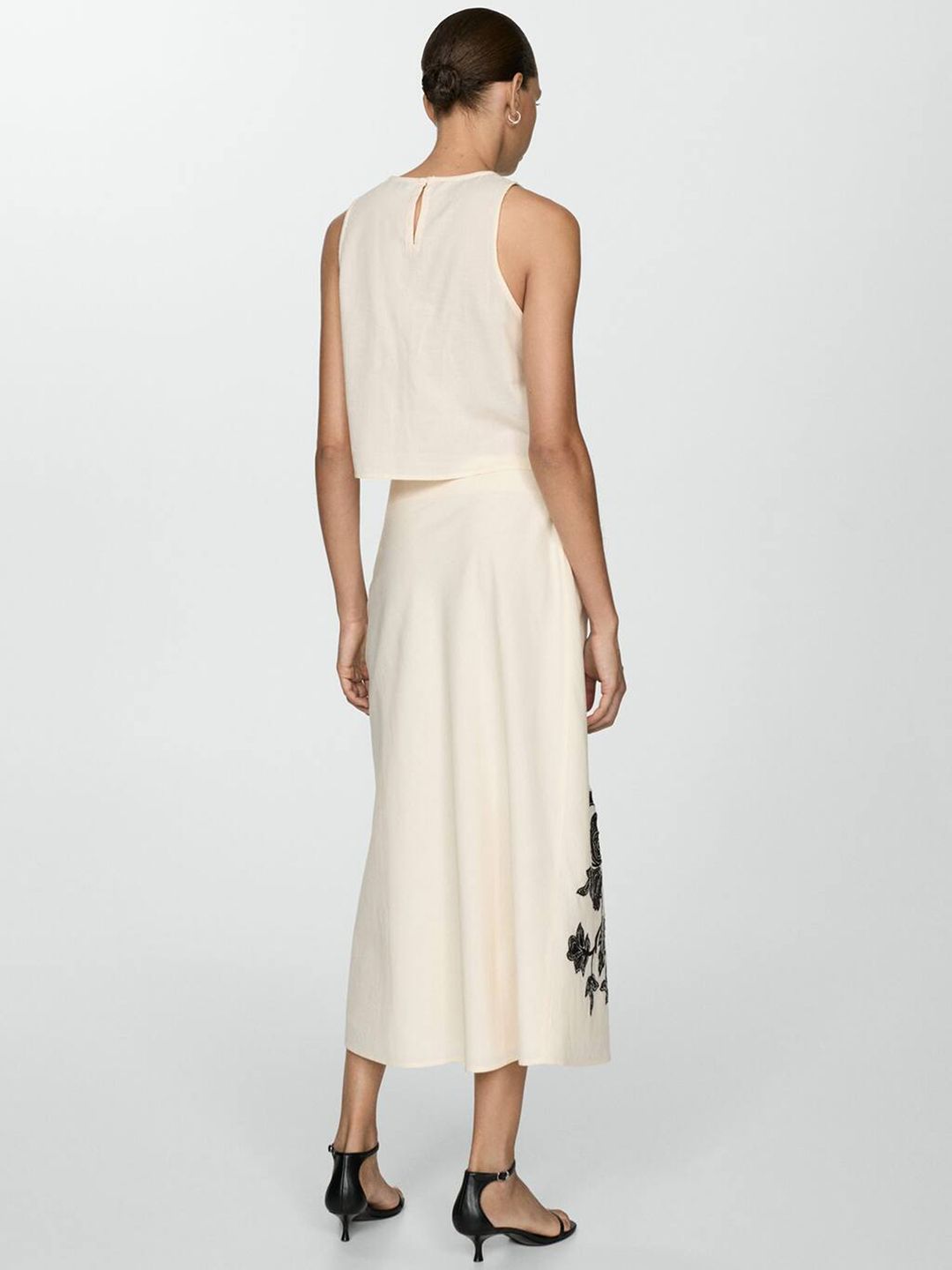 Embroidered Cotton Linen A-Line Midi Skirt