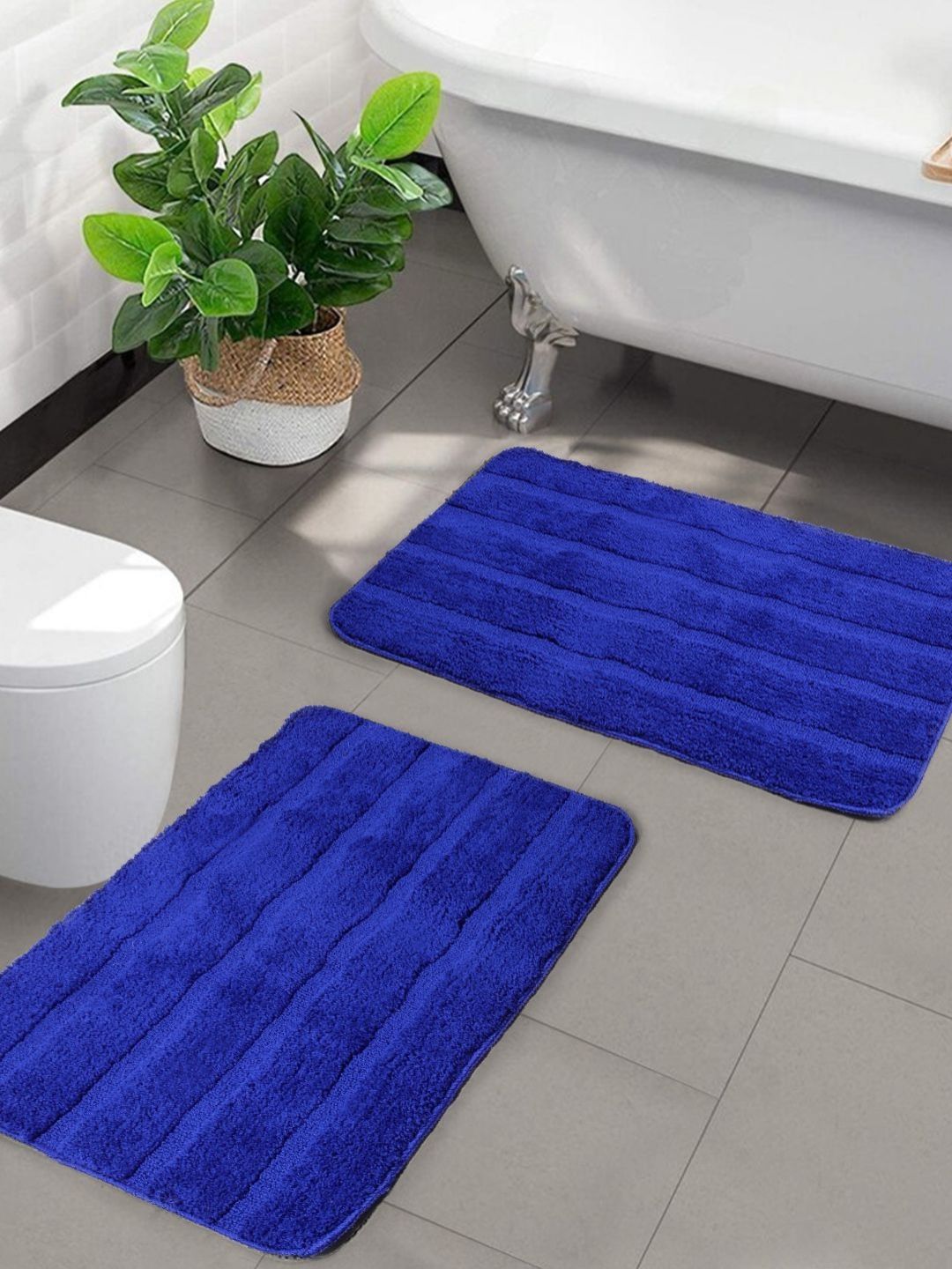 Saral Home Blue 2 Pieces Textured Microfibre Anti Skid Bath Mats