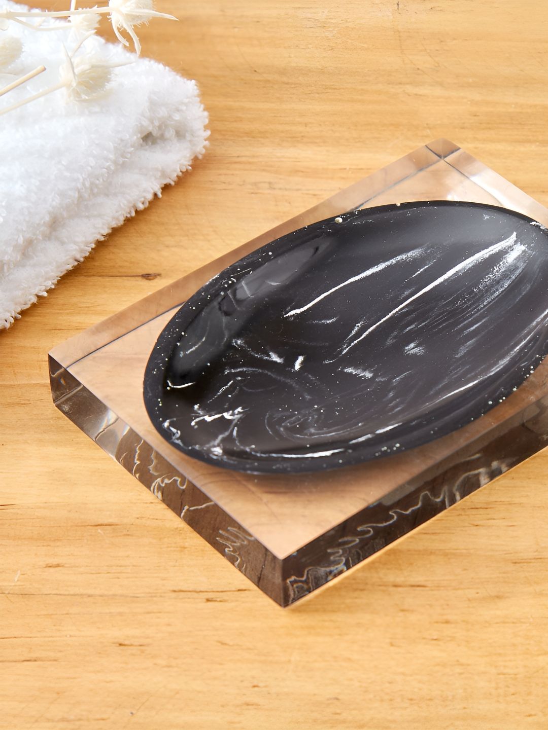 Home Centre Black & Transparent Abstract Matte Soap Dish