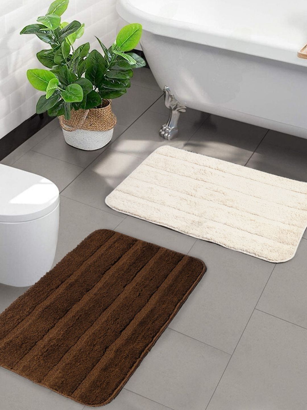 Saral Home Brown & Cream 2 Pieces Microfibre 2200 GSM Anti-Skid Bath Mats