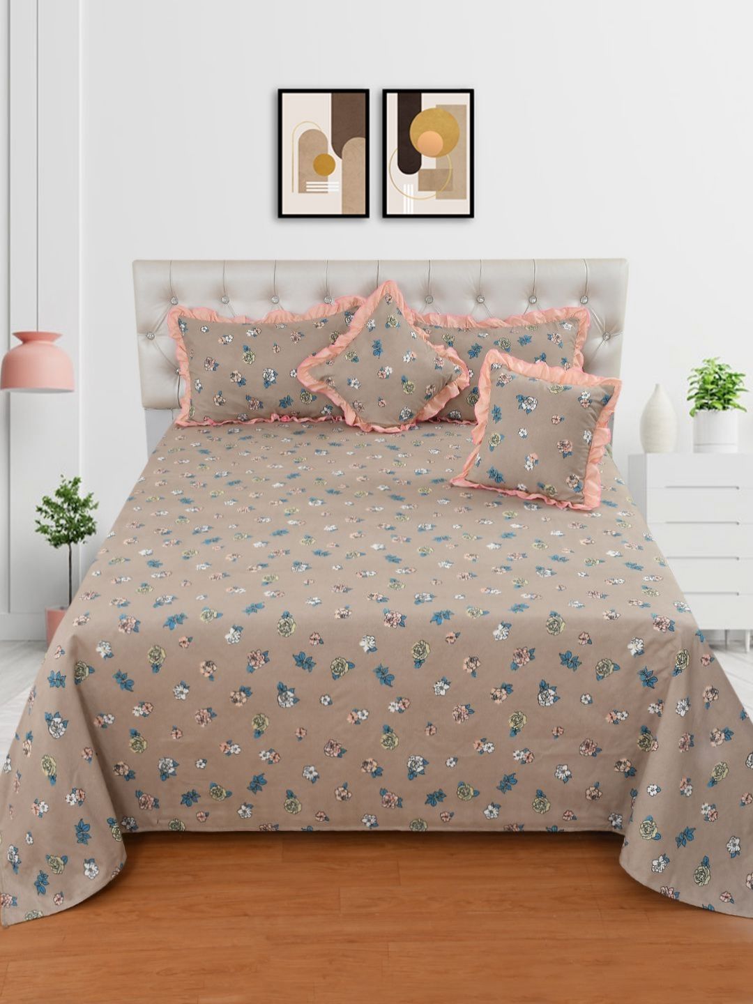 MORADO Brown & Blue Floral Double King Superfine Bedding Set