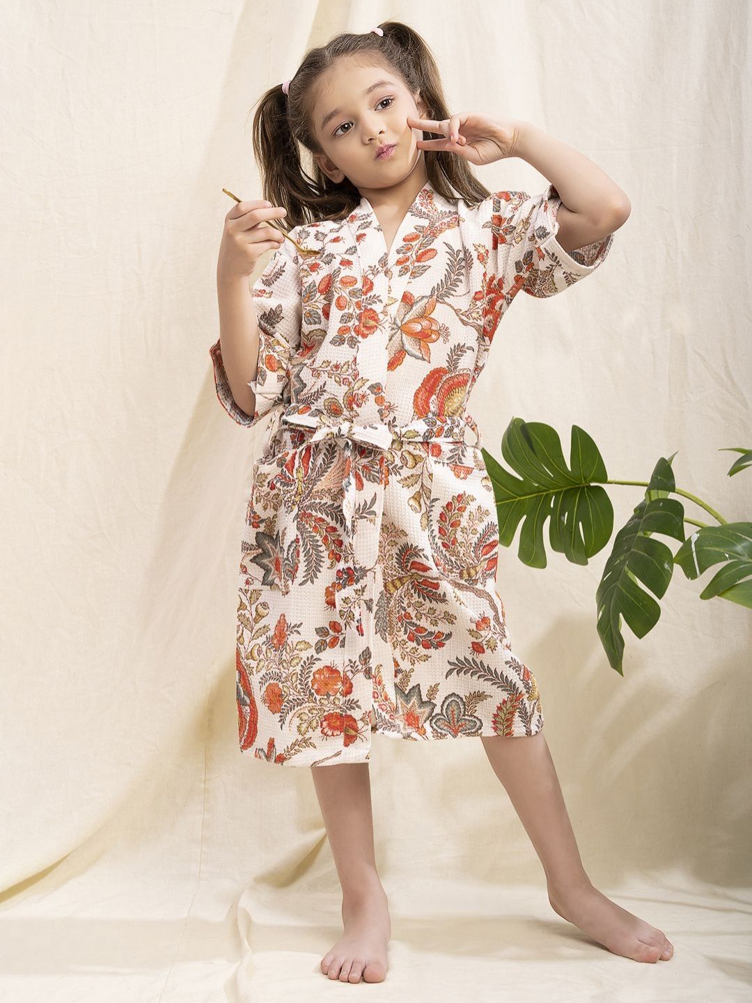 LacyLook Girls White and Orange Floral Printed Pure Cotton Waffle Bathrobe
