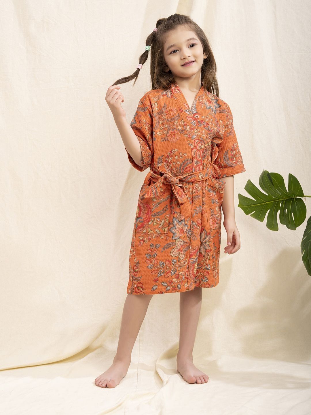 LacyLook Girls Orange-Coloured and Grey Floral Printed Pure Cotton Waffle Bathrobe