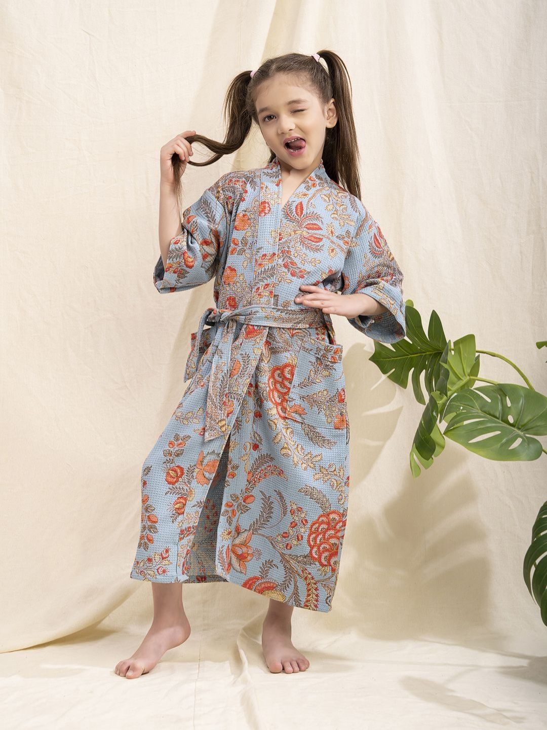 LacyLook Girls Blue and Rust Floral Printed Waffle Pure Cotton Bath Robe