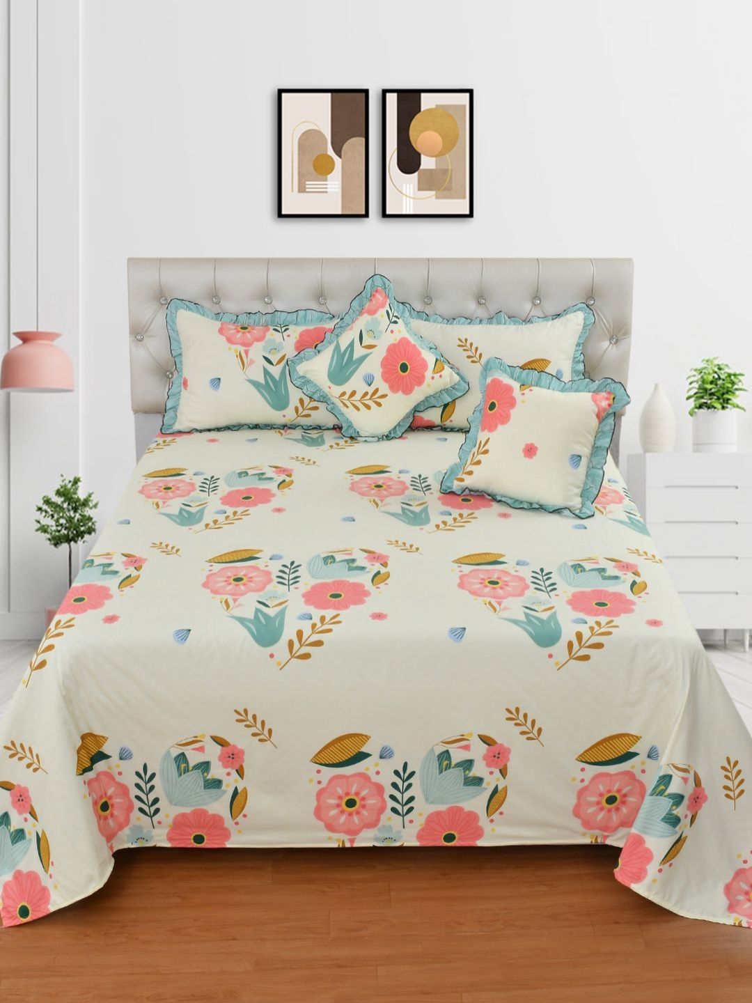 MORADO Pink & Cream Floral Double King Superfine Bedding Set