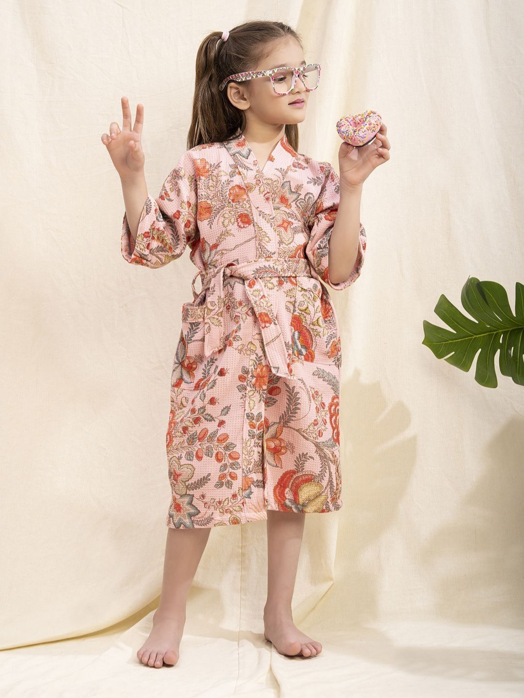 LacyLook Girls Pink and Orange-Coloured Floral Printed Pure Cotton Waffle Bathrobe