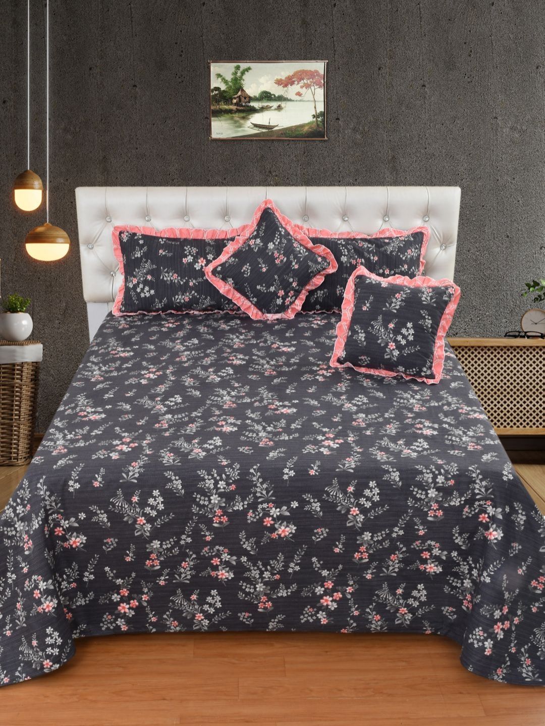 MORADO Grey & Pink Floral Polycotton Double Queen Superfine Bedding Set