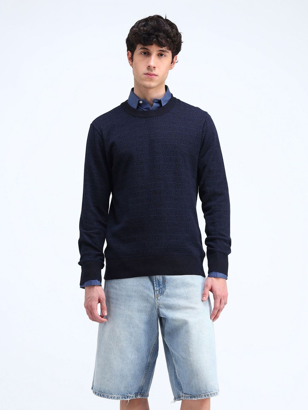 Flying Machine Men Typography Printed Round Neck Pure Cotton Pullover Sweater