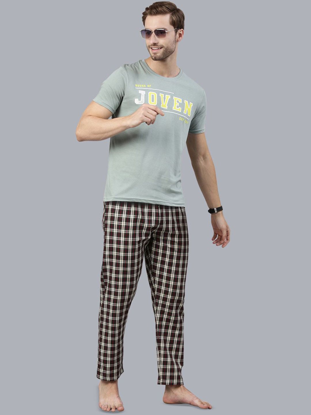 Joven Men Pure Cotton Typography Checked Printed Night suit