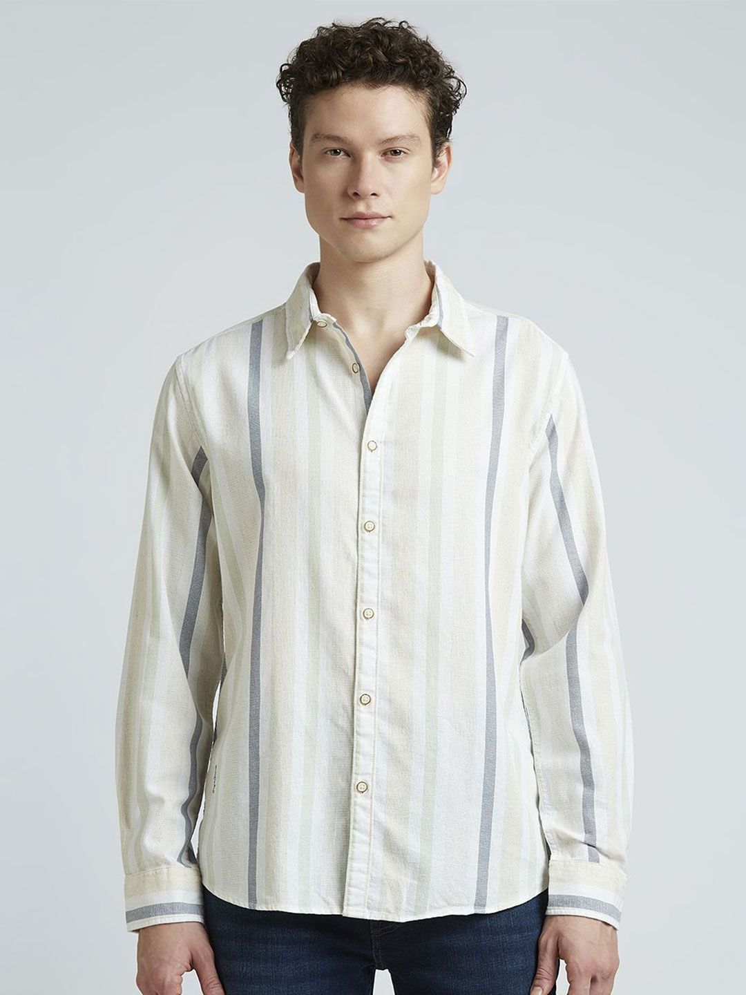 Pepe Jeans Men Spread Collar Vertical Striped Cotton Casual Shirt