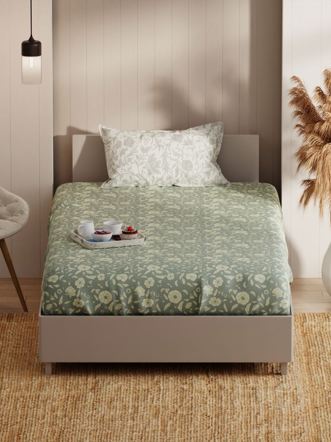KOPA Grey & Green Printed Microfiber 152 TC Single Bedsheet with 1 Pillow Cover 1.5 x 2.3m