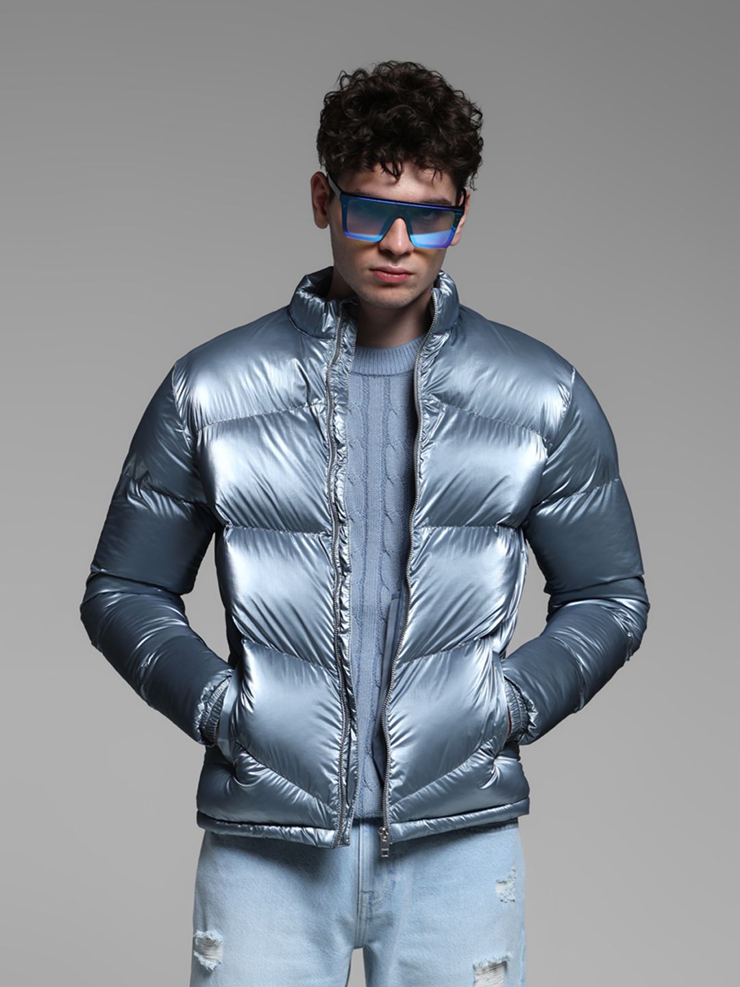 Jack & Jones Men Mock Collar Solid Casual Puffer Jacket
