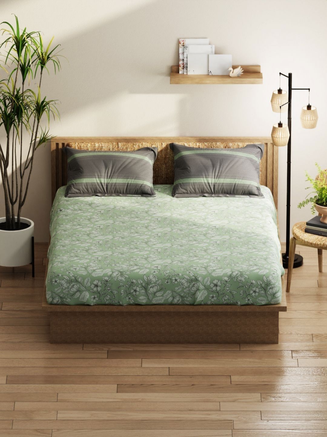 KOPA Green Floral Microfiber 152 TC Queen Bedsheet with 2 Pillow Covers-218 x 239 cm