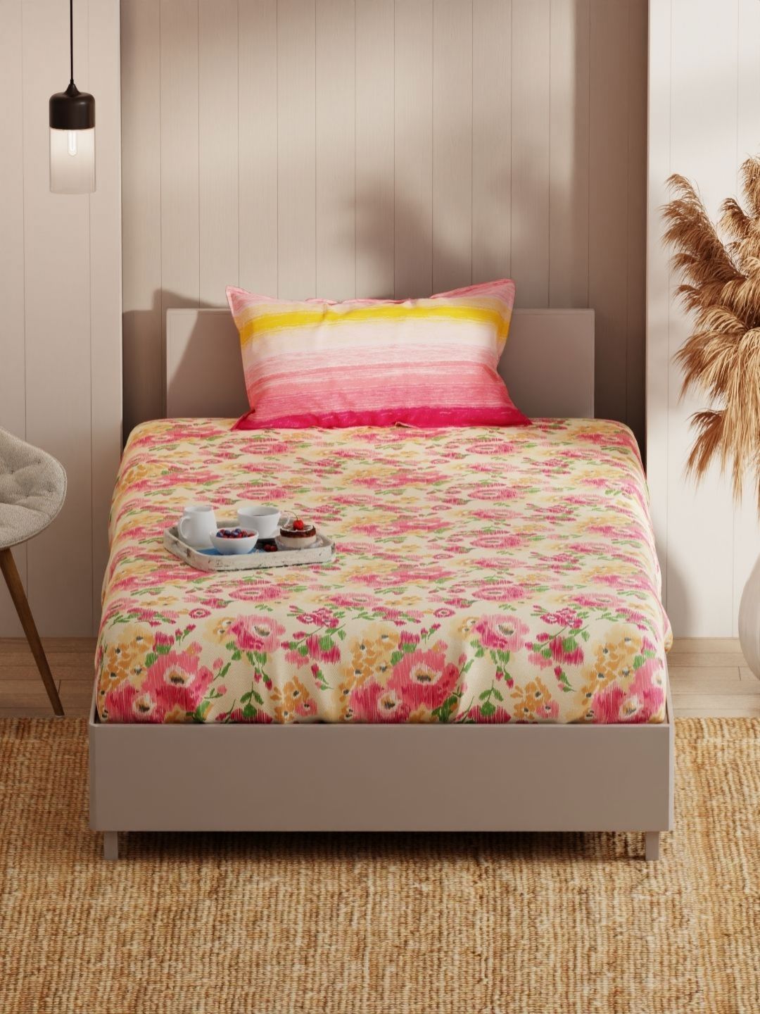 KOPA Beige Printed Microfiber 152 TC Single Bedsheet & 1 Pillow Cover 1.5 x 2.3m