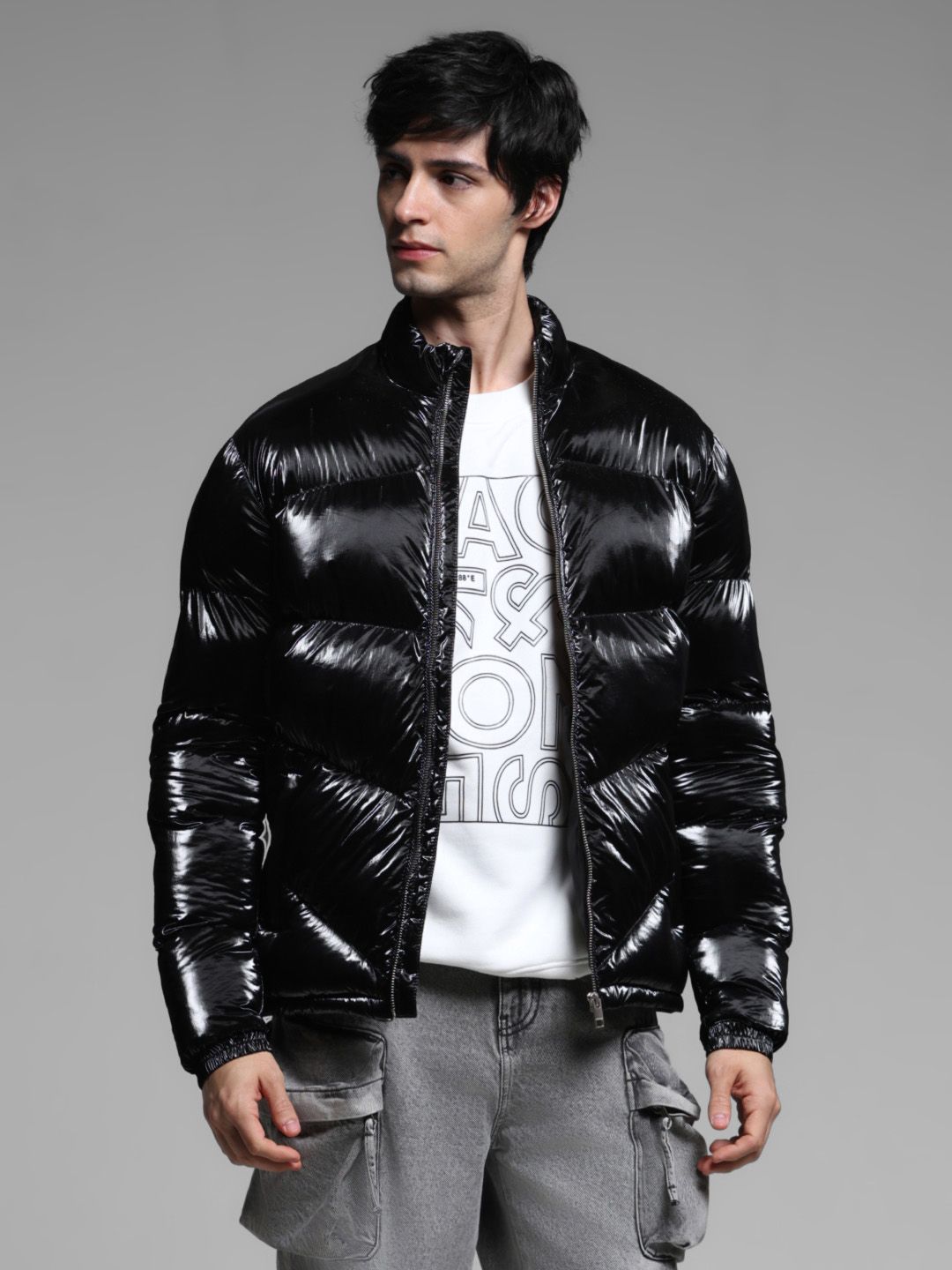 Jack & Jones Men Mock Collar Solid Casual Puffer Jacket