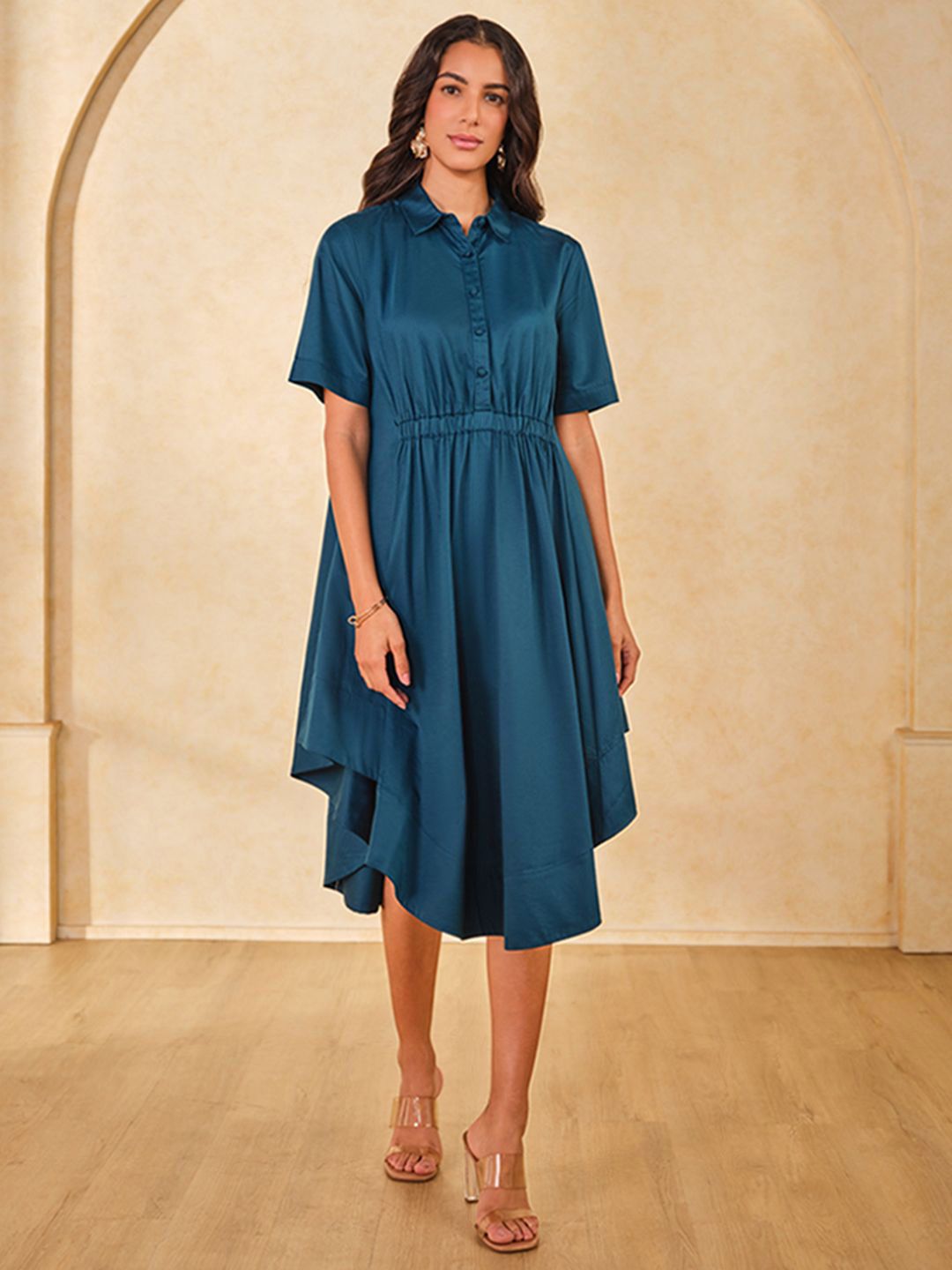 slim fit dress slacks Libas Ethnic Motifs Embroidered Ruffled Fit & Flare Midi Dress – Myntra  International main image 1