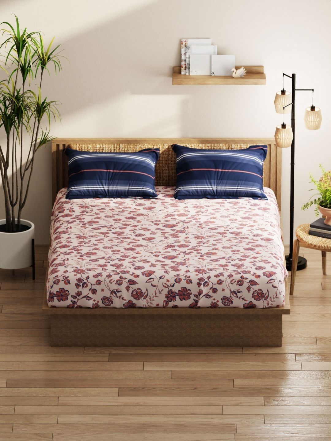 KOPA Red Floral Microfiber 152 TC Fitted Queen Bedsheet with 2 Pillow Covers-86 x 94 inches