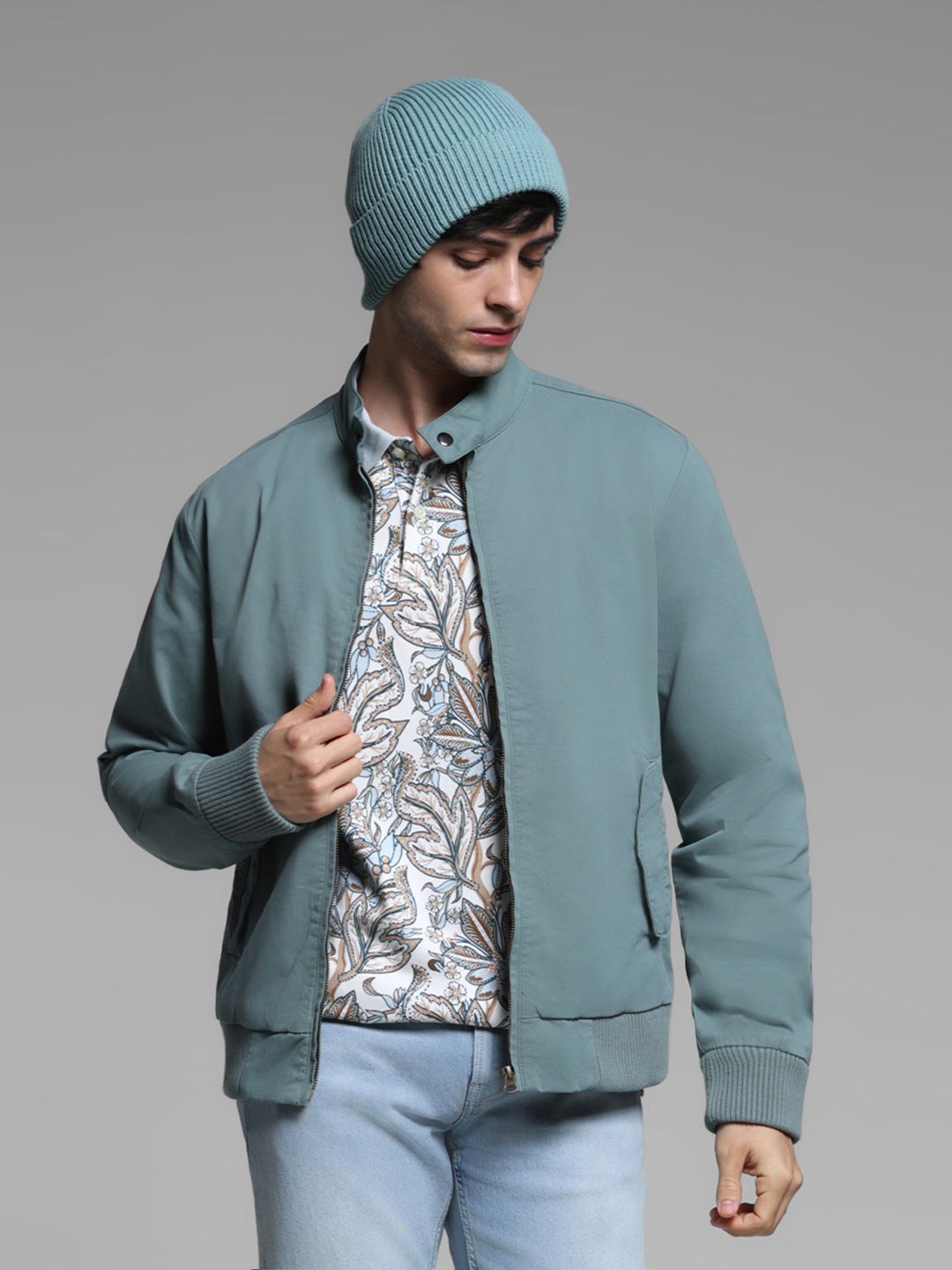 Jack & Jones Men Mock Collar Solid Cotton Casual Bomber Jacket