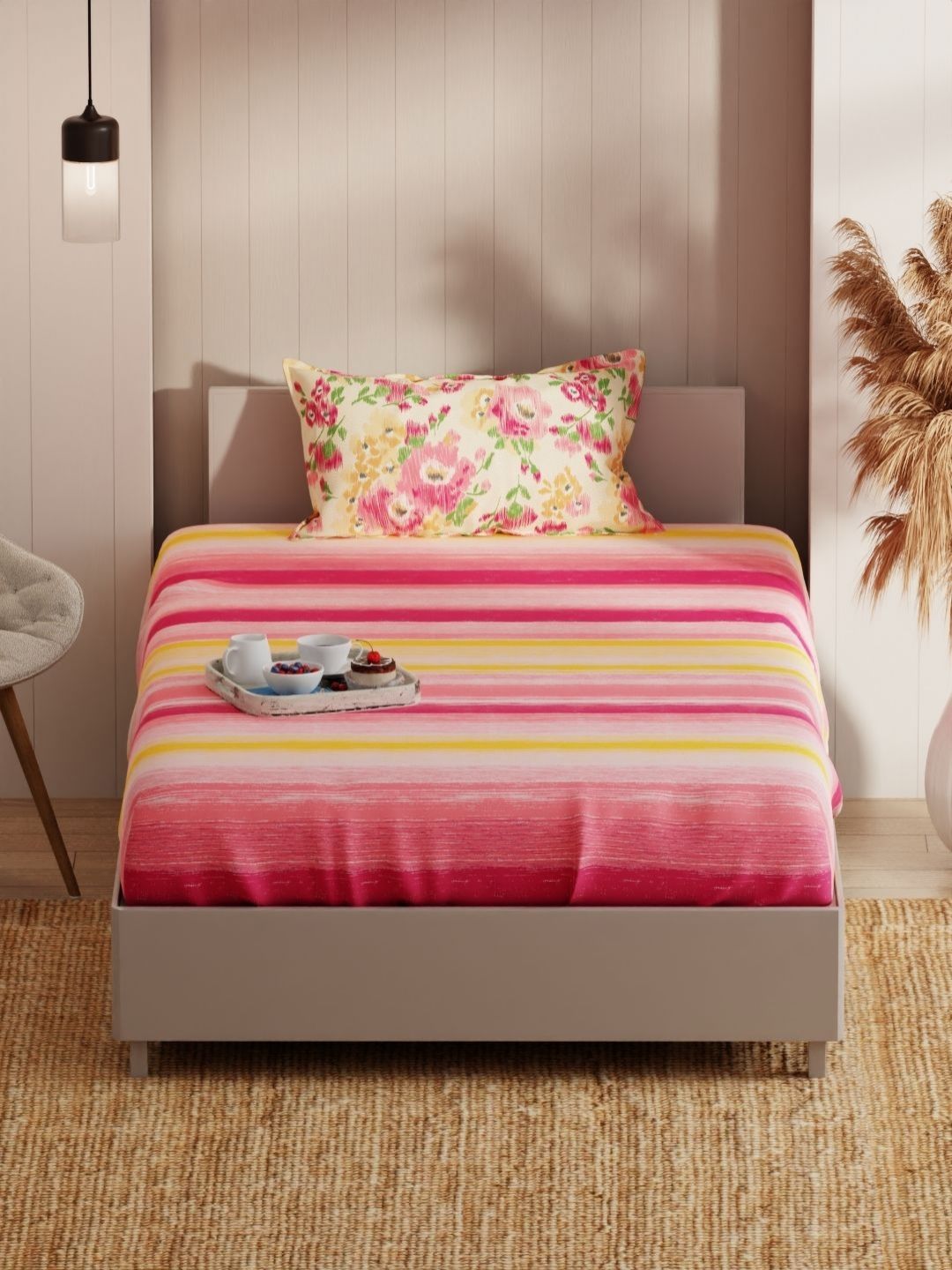 KOPA Pink & White Striped Microfiber 152TC Single Bedsheet with 1 Pillow Cover 1.5 x 2.3 m