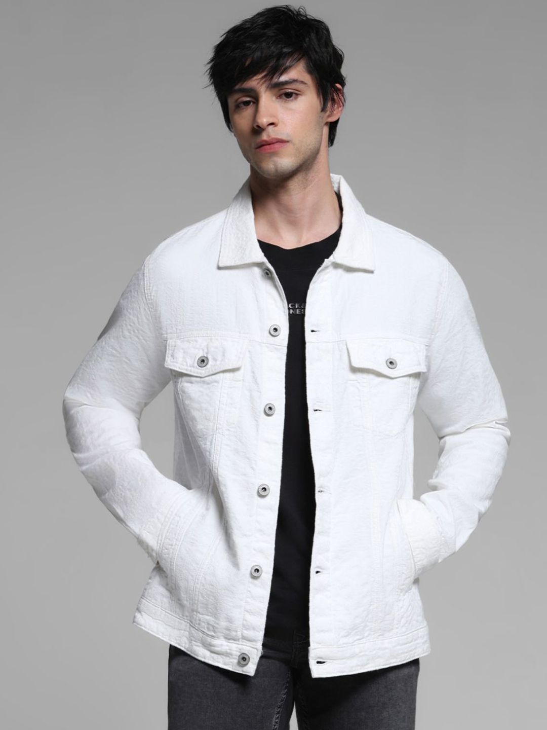 Jack & Jones Men Spread Collar Solid Cotton Casual Denim Jacket