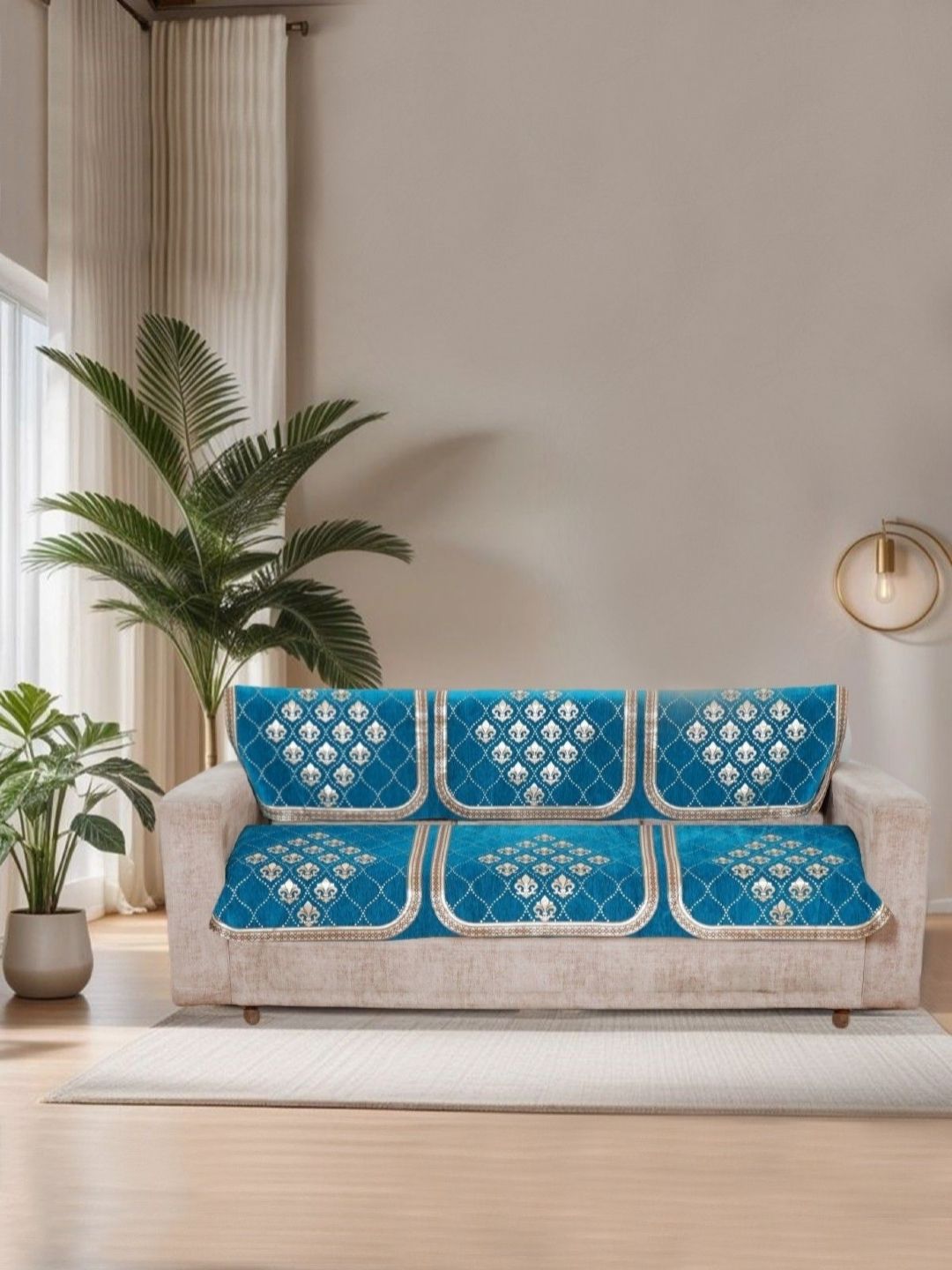 BREVARD Turquoise Blue & Gold Toned 6 Pieces Ethnic Motifs printed 3 Seater Sofa Covers
