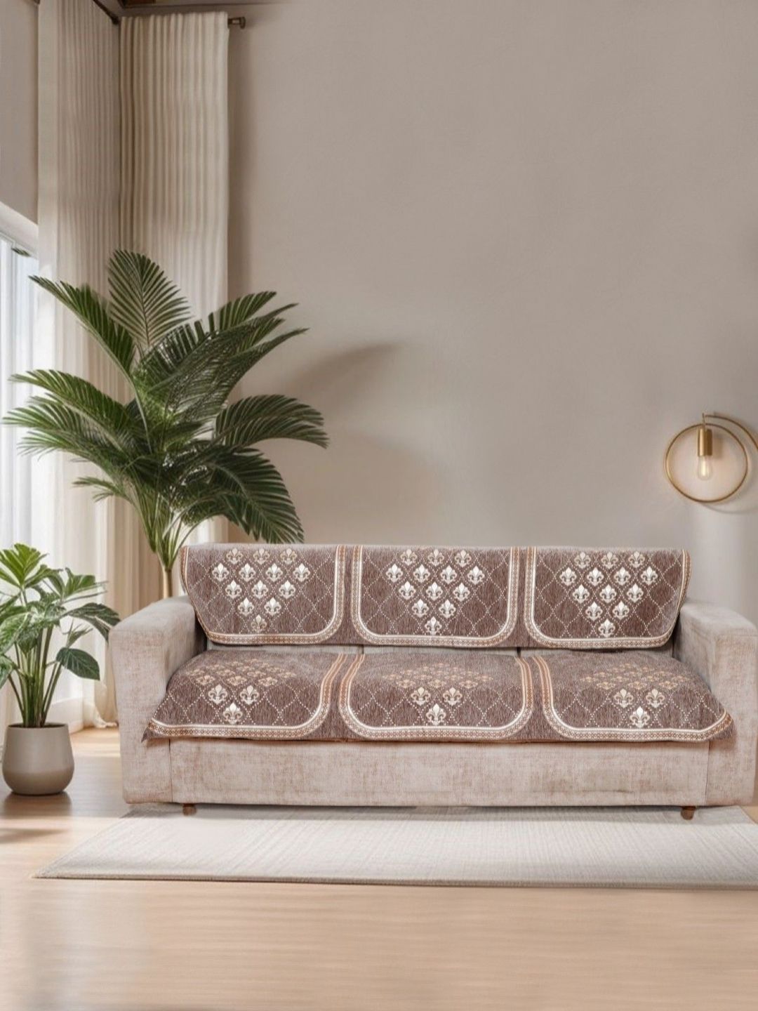 BREVARD Brown Floral Chenille Washable 6PC Straight 3 Seater Sofa Cover-69x27In
