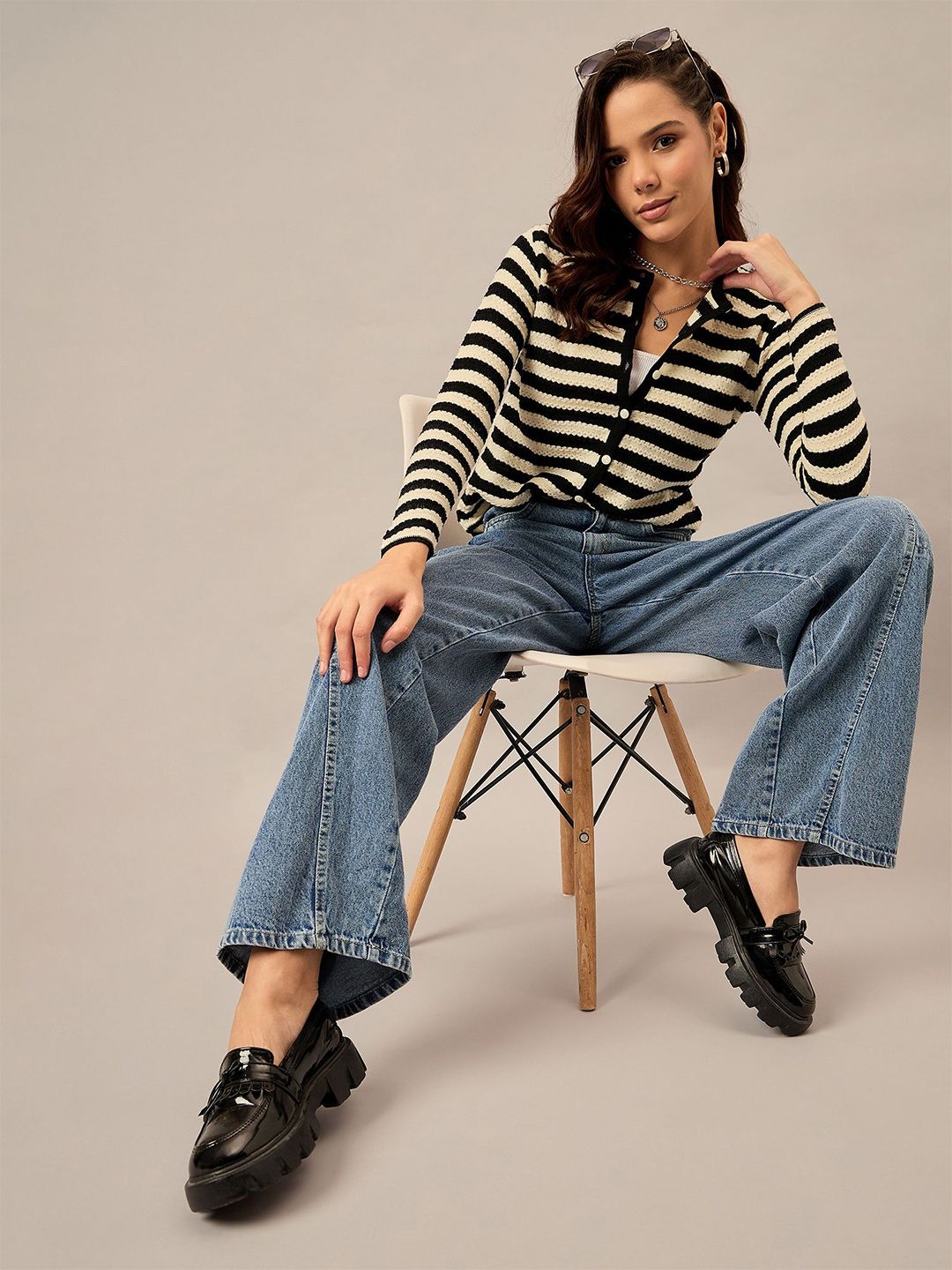 The Roadster Lifestyle Co. Women Striped Henley Neck Cardigan Sweater