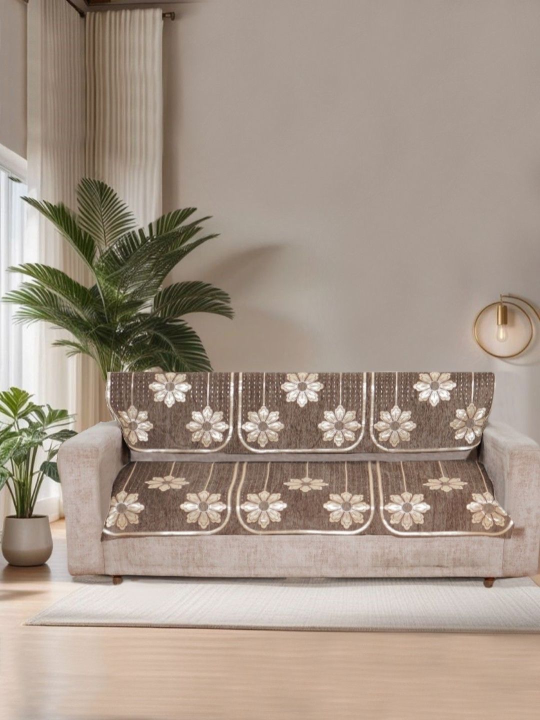 BREVARD Brown Floral Chenille Washable 6PC Straight 3 Seater Sofa Cover-69x27In