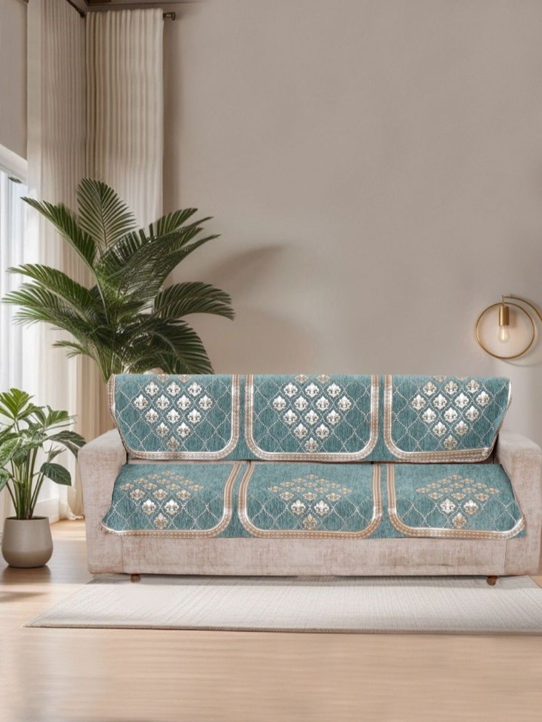 BREVARD Sea Green Floral Chenille Washable 6PC Straight 3 Seater Sofa Cover-69x27In
