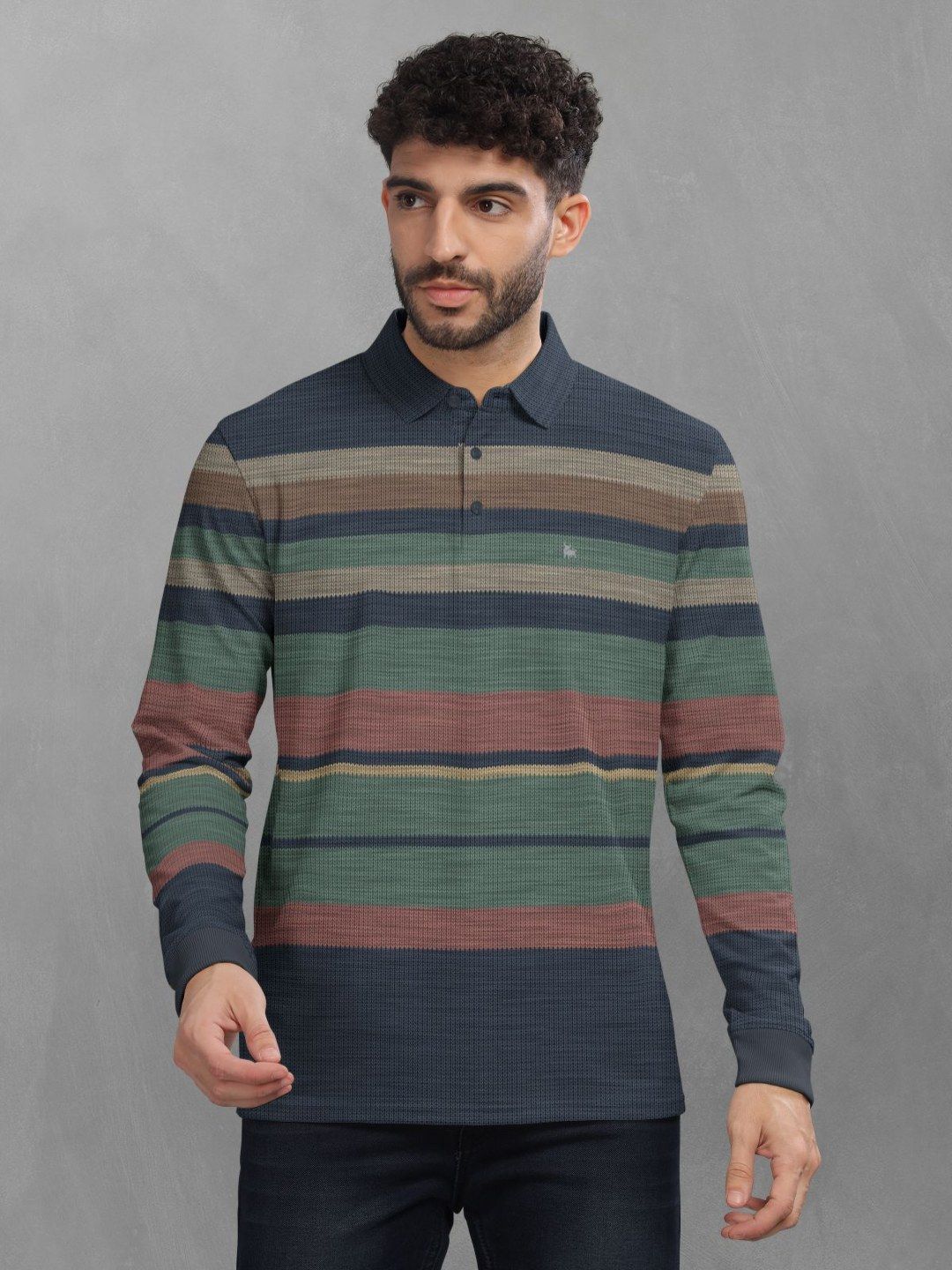 BULLMER Men Striped Polo Collar Cotton T-shirt