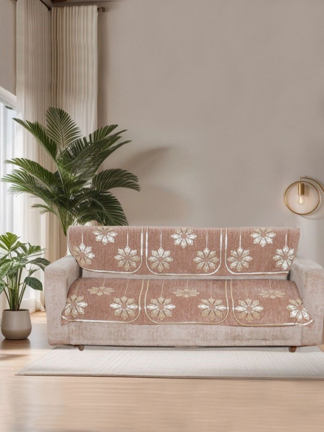 BREVARD Peach Floral Chenille Washable 6PC Straight 3 Seater Sofa Cover-69x27In