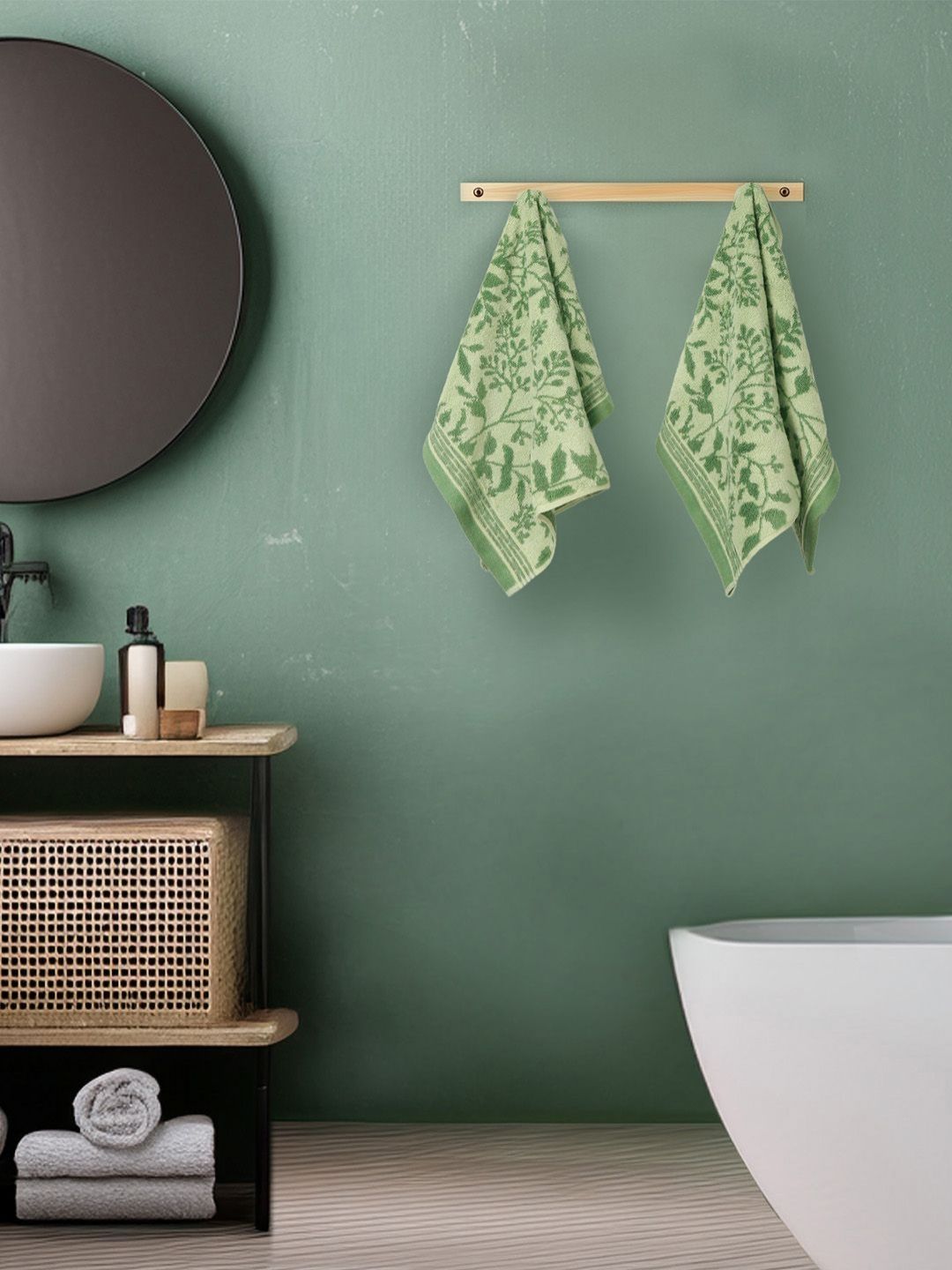 MYTRIDENT Painterly Patterns Green 2 Pieces Printed 575 GSM Pure Cotton Hand Towels