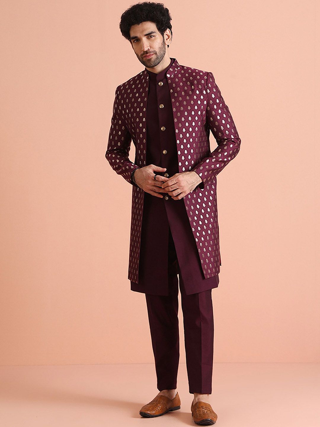 KISAH Men Jacquard Regular Fit Woven Design Jacket Sherwani Trouser Set