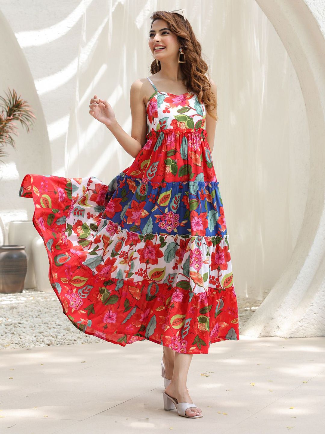 Rain & Rainbow Women Printed Shoulder Straps Fit & Flare Midi Ethnic Dresses