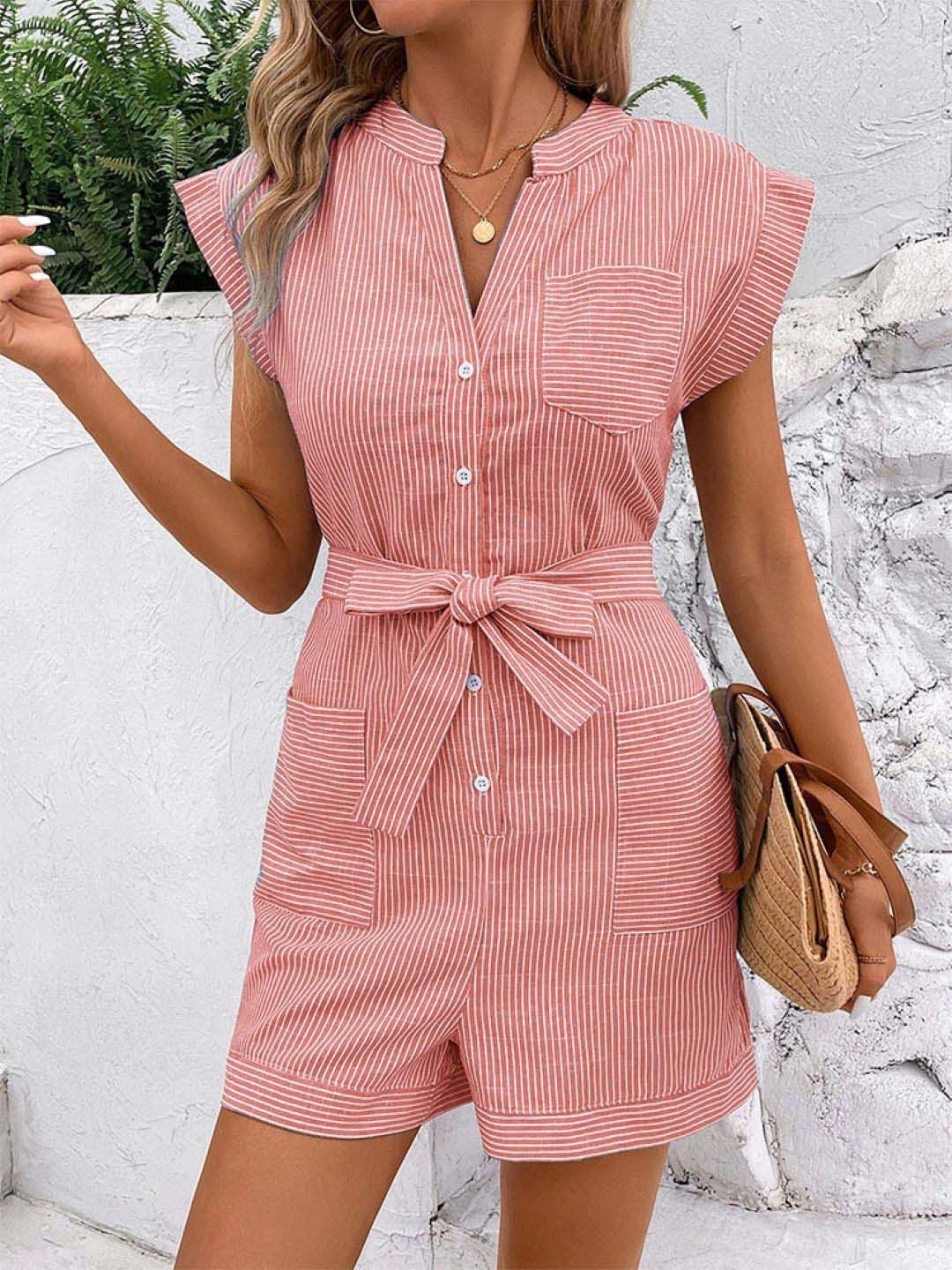KPOP Mandarin Collar Striped Belted Playsuit