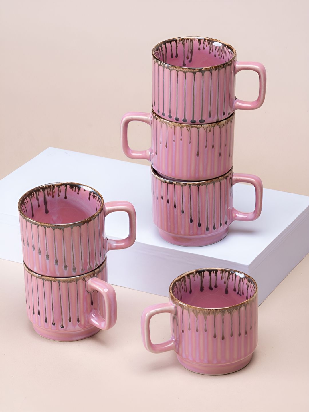 ARAVALII Pink Textured Ceramic Microwave Safe 6 Piece Mugs-250ml