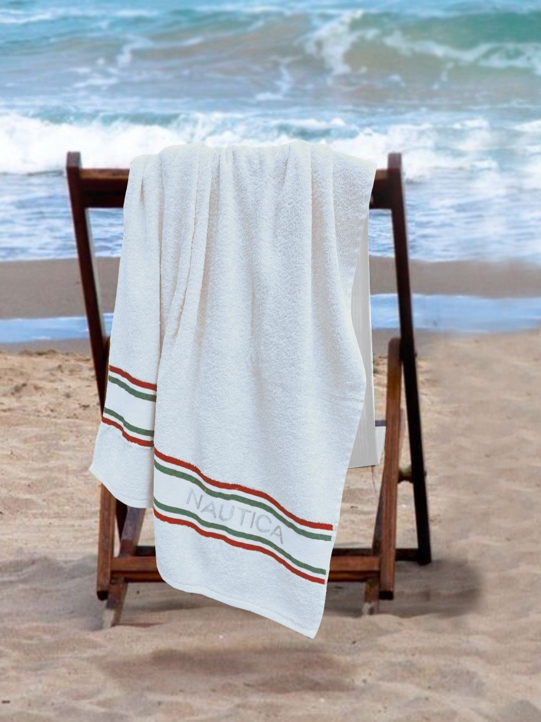 Nautica White & Green Cotton 500 GSM Bath Towel
