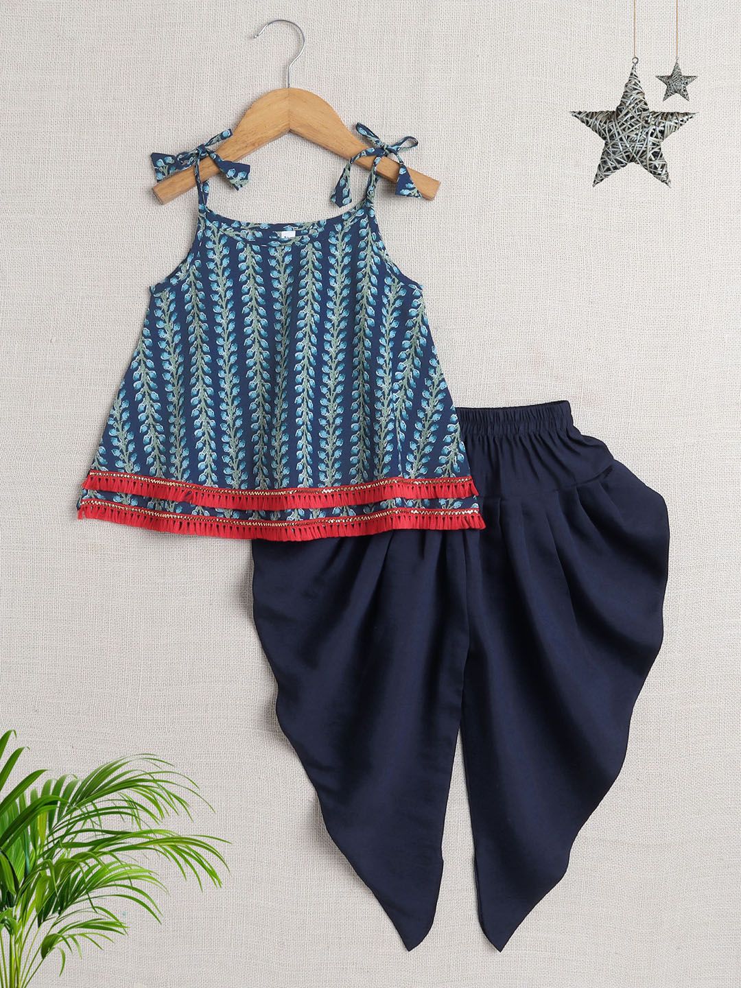 The Magic Wand Girls Floral Printed Shoulder Straps Pure Cotton Kurta with Dhoti Pants