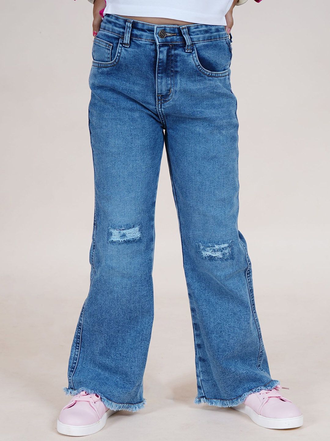 KiddoPanti Girls Jean Flared Low Distress Stretchable Denim Jeans