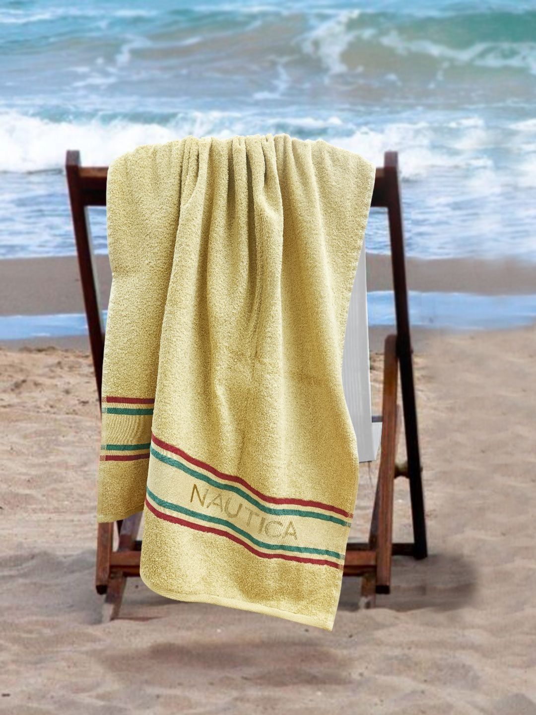 Nautica Beige & Green Cotton 500 GSM Bath Towel